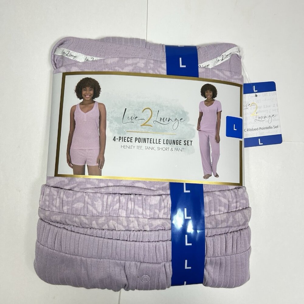 NWT Live 2 Lounge Women’s 4 Piece Pointelle Lounge Wear Pajama Set Purple Sz L